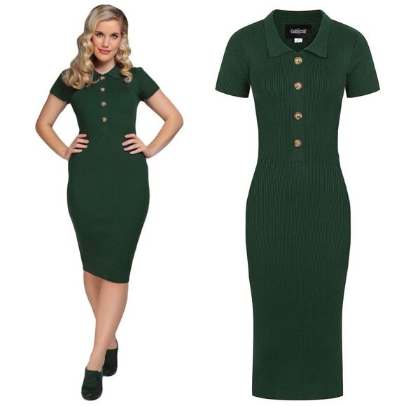 Collectif Dresses & Skirts - Collectif Vintage Green Ribbed Short Sleeve Knit MIDI Dress Collar, Size 2